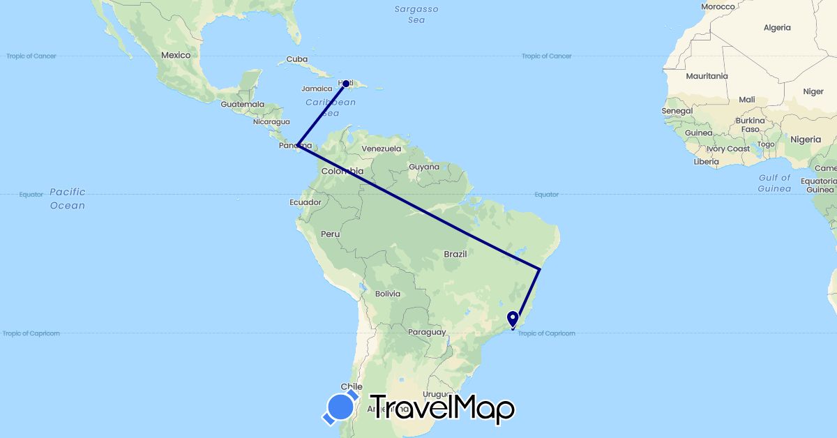 TravelMap itinerary: driving in Brazil, Haiti, Panama (North America, South America)