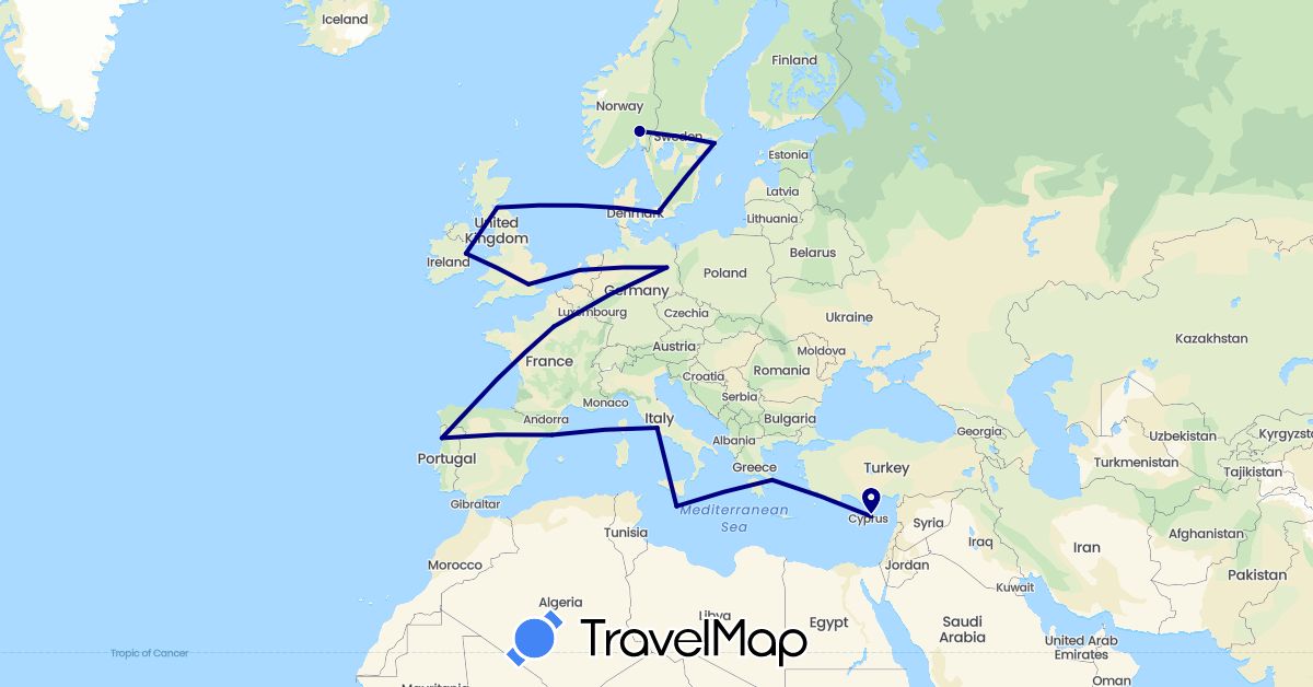 TravelMap itinerary: driving in Cyprus, Germany, Denmark, Spain, France, United Kingdom, Greece, Ireland, Italy, Malta, Netherlands, Norway, Portugal, Sweden, Vatican City (Asia, Europe)