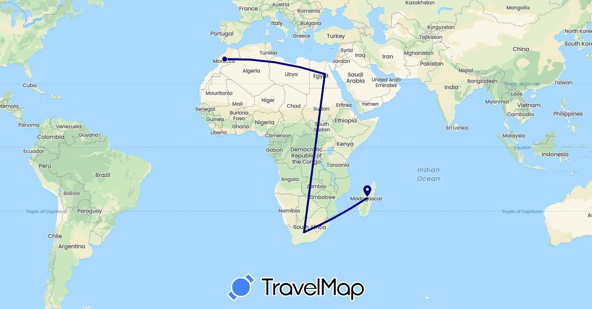 TravelMap itinerary: driving in Egypt, Morocco, Madagascar, South Africa (Africa)
